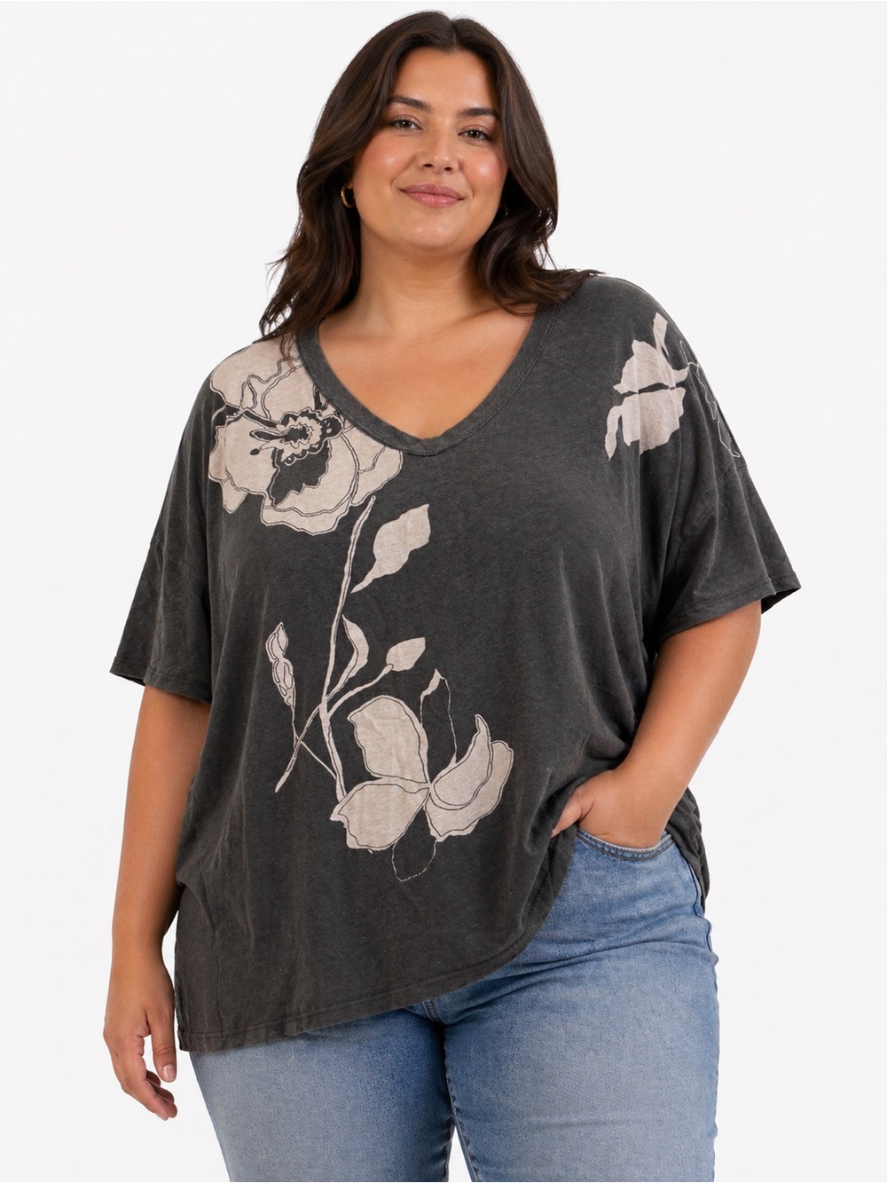 Pilcro Charcoal V-Neck Tee with Cream Floral Print